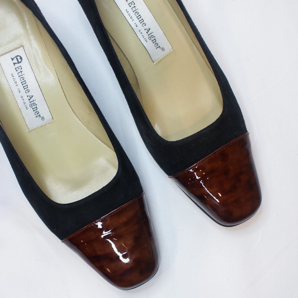 Vintage Etienne Aigner Black Suede Brown Tortoise Shell Block Heel 90s 8.5 Pumps - Picture 5 of 14